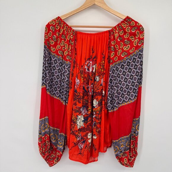 Free People  Positano Orange Patchwork Print Blouse size extra small oversized - Picture 10 of 14